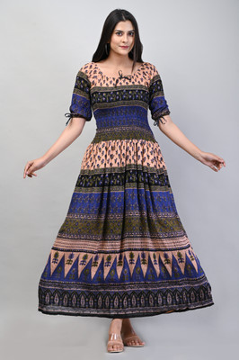 FrionKandy Women Cinched Waist Multicolor Ankle Length Dress