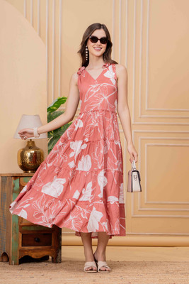 Jyoti Women Fit and Flare Pink Midi/Calf Length Dress
