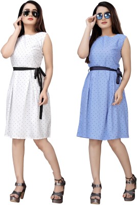 Modli 20 Fashion Women Fit and Flare Blue, White Dress