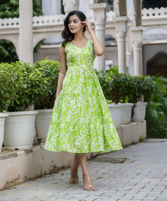 Demirner Women Fit and Flare Green Midi/Calf Length Dress