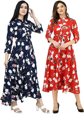 Beautylife Women Fit and Flare Blue, Red, Multicolor Maxi/Full Length Dress