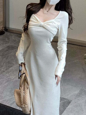 OUTZIDR Women A-line Beige Below Knee Dress