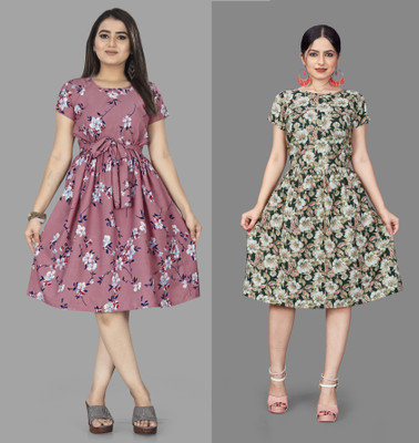 Madhave Women Fit and Flare Pink Knee Length Dress