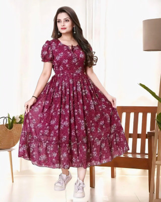 GraceGarbs Women Maxi Maroon, White Midi/Calf Length Dress