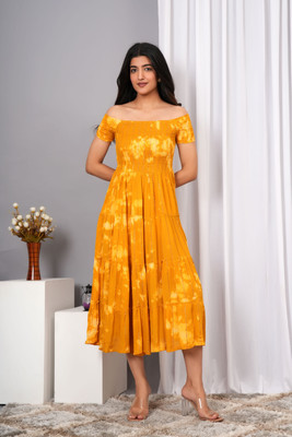 VYMO Women Fit and Flare Yellow Midi/Calf Length Dress