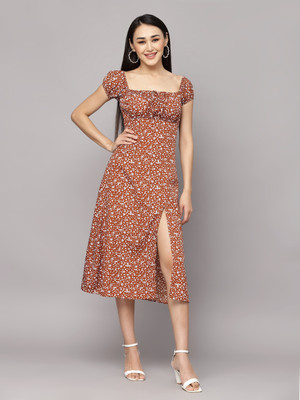 METRONAUT Women A-line Beige, Brown Midi/Calf Length Dress