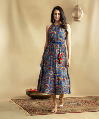 Demirner Women Fit and Flare Multicolor Midi/Calf Length Dress