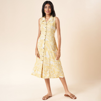 Akkriti by Pantaloons Women A-line Yellow, White Midi/Calf Length Dress