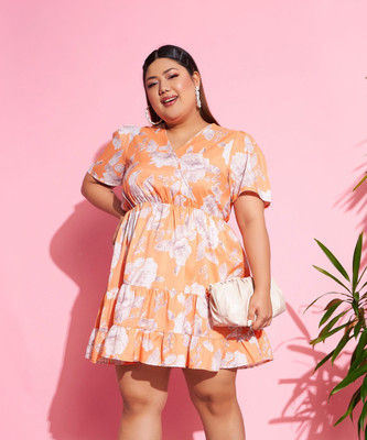 SASSAFRAS Curve Women Fit and Flare Orange, White Above Knee/Mid Thigh Length Dress