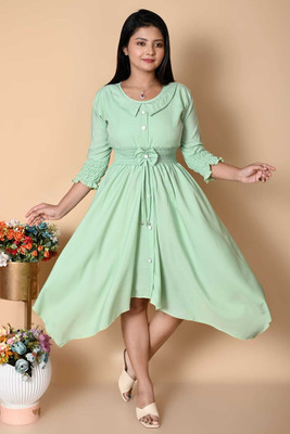 Sk style Women A-line Light Green Midi/Calf Length Dress
