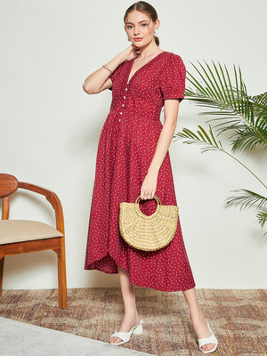 KASSUALLY Women Fit and Flare Maroon, White Midi/Calf Length Dress
