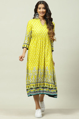 BIBA Women Fit and Flare Yellow Midi/Calf Length Dress