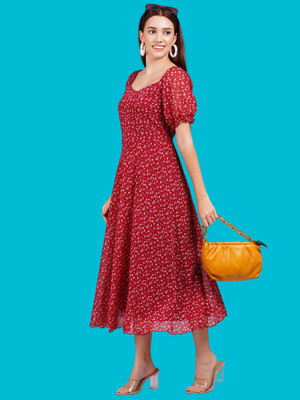 JC4U Women Fit and Flare Red Midi/Calf Length Dress