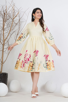 Divis Fashion Women A-line Yellow Midi/Calf Length Dress