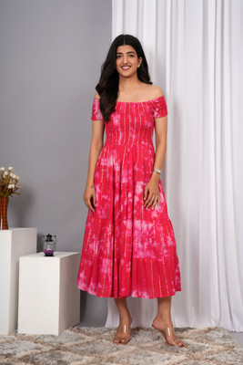 VYMO Women Fit and Flare Red Midi/Calf Length Dress