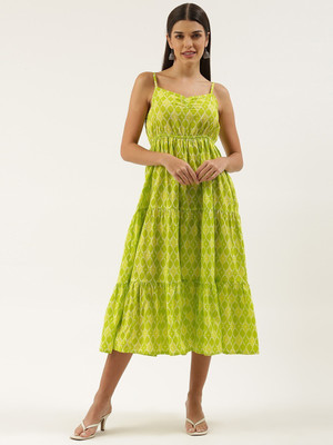 FABRIC FITOOR Women Fit and Flare Light Green Midi/Calf Length Dress