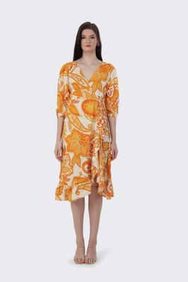 BIRDIE fashion Women Wrap Yellow Midi/Calf Length Dress