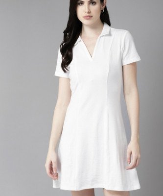 Christy World Women A-line White Above Knee/Mid Thigh Length Dress