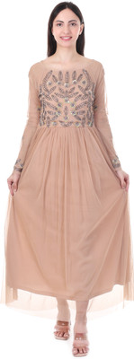 FAM INDIA Women Gown Beige Maxi/Full Length Dress
