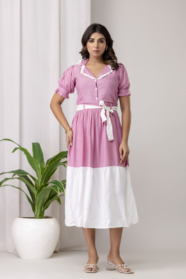 NEERCREATION Women A-line Pink Midi/Calf Length Dress