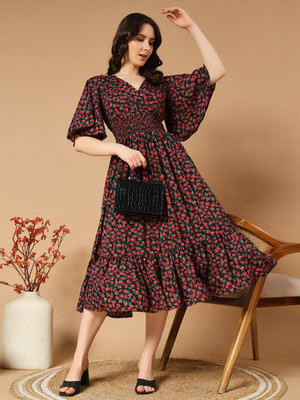ZWERLON Women A-line Red Midi/Calf Length Dress