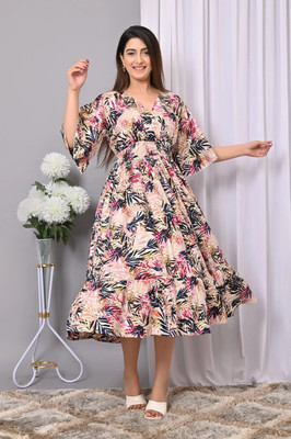 VYMO Women Fit and Flare Beige, Dark Green Below Knee Dress