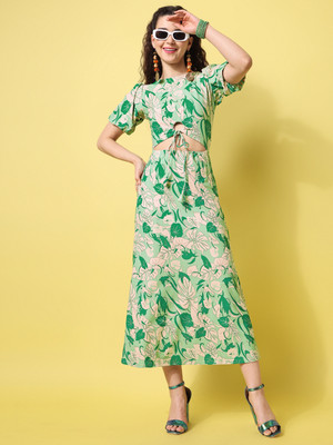 PURVAJA Women Fit and Flare Green Maxi/Full Length Dress