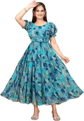 HouseOfCommon Women Fit and Flare Light Blue Midi/Calf Length Dress
