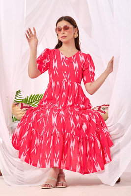 VastraaMall Women Fit and Flare Pink Midi/Calf Length Dress