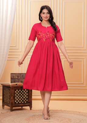 SORTHIYA GROUP Women Fit and Flare Red Below Knee Dress