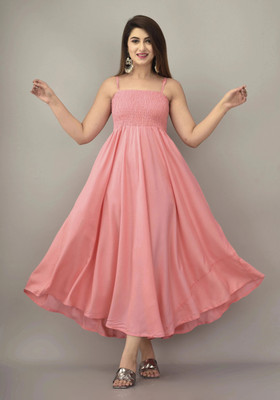 VYMO Women Fit and Flare Pink Maxi/Full Length Dress