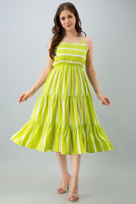 SHANGUL Women Tiered Light Green, White Midi/Calf Length Dress
