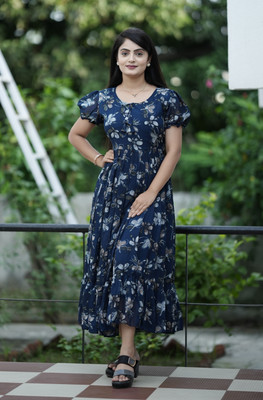 HouseOfCommon Women Fit and Flare Blue Midi/Calf Length Dress