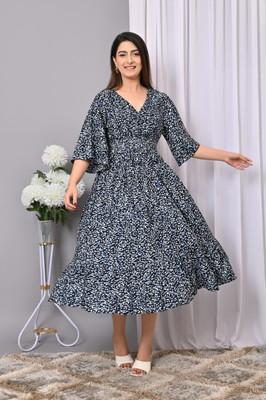 VYMO Women Fit and Flare Multicolor, Dark Blue Below Knee Dress