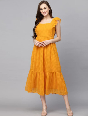 Stylisaa Women Fit and Flare Yellow Midi/Calf Length Dress