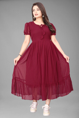 Maruti Nandan Impex Women Fit and Flare Maroon Maxi/Full Length Dress