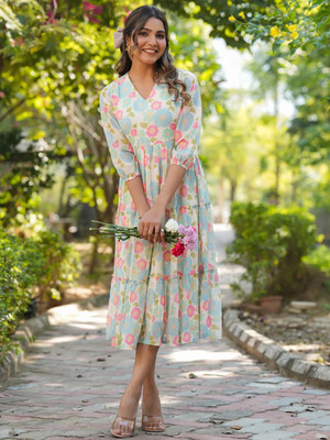 Janasya Women Tiered Multicolor Midi/Calf Length Dress