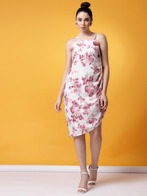 Oomph! Women Bodycon White, Pink Below Knee Dress