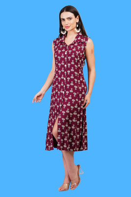 JC4U Women A-line Maroon Midi/Calf Length Dress