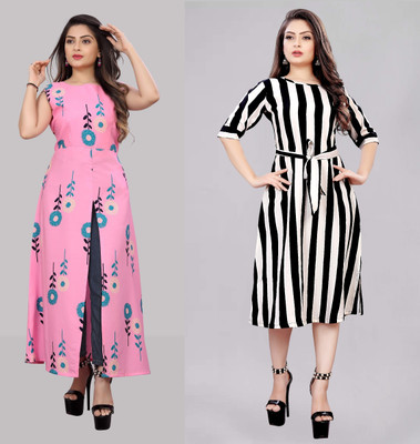 Hiral Creation Women A-line Multicolor Midi/Calf Length Dress