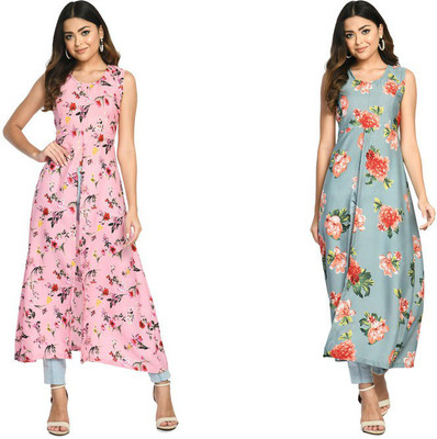 IndiWeaves Women A-line Pink, Grey Maxi/Full Length Dress