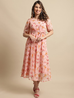 Fabflee Women A-line Pink Midi/Calf Length Dress