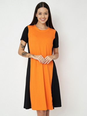 BRINNS Women A-line Orange, Black Knee Length Dress