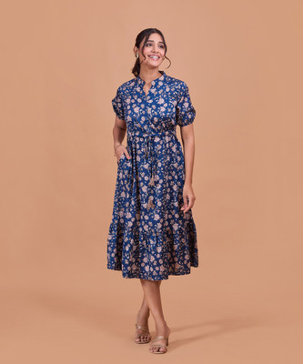 FashFun Women Fit and Flare Blue Midi/Calf Length Dress