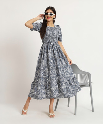 Krunal Raiyani Women Fit and Flare Blue Midi/Calf Length Dress