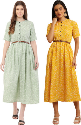 Miranga Women Fit and Flare Light Blue, Dark Blue Below Knee Dress