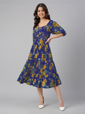 Janasya Women Fit and Flare Blue Midi/Calf Length Dress