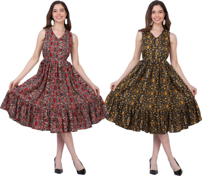 FIRST ARRIVAL Women Fit and Flare Multicolor Midi/Calf Length Dress