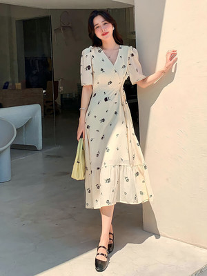 KOTTY Women Fit and Flare Beige, Black Midi/Calf Length Dress