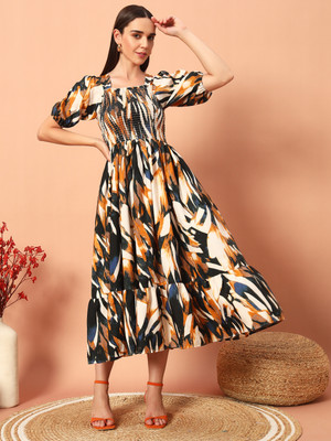 LookShine Women A-line Yellow Midi/Calf Length Dress